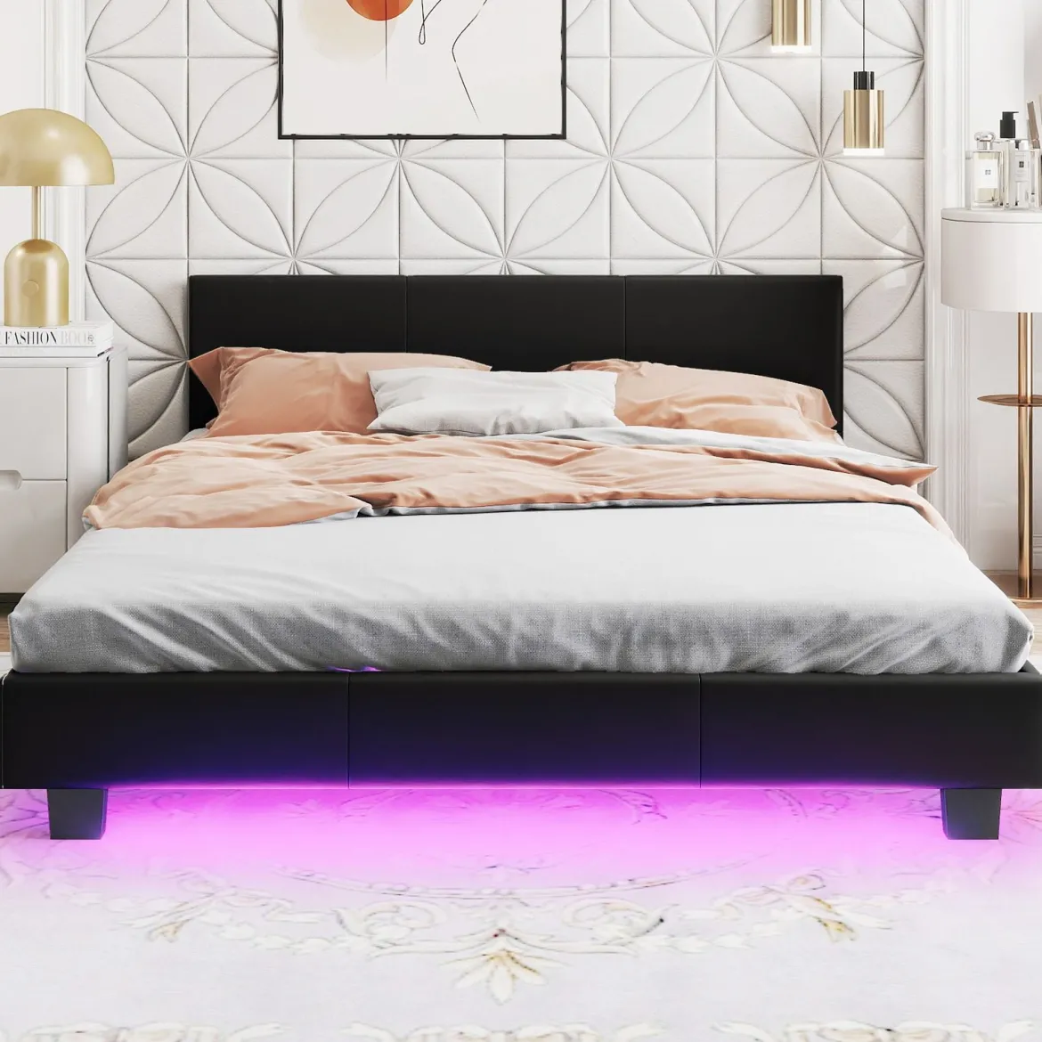 140 x 200 cm Bett mit LED Beleuchtung Polsterbett mit Lattenrost Bettgestell Bettrahmen Schwarz