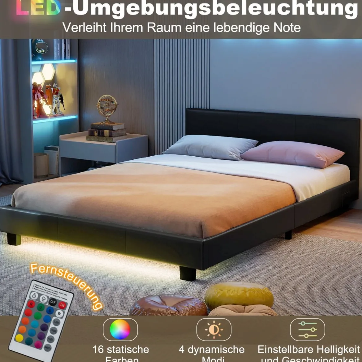 140 x 200 cm Bett mit LED Beleuchtung Polsterbett mit Lattenrost Bettgestell Bettrahmen Schwarz