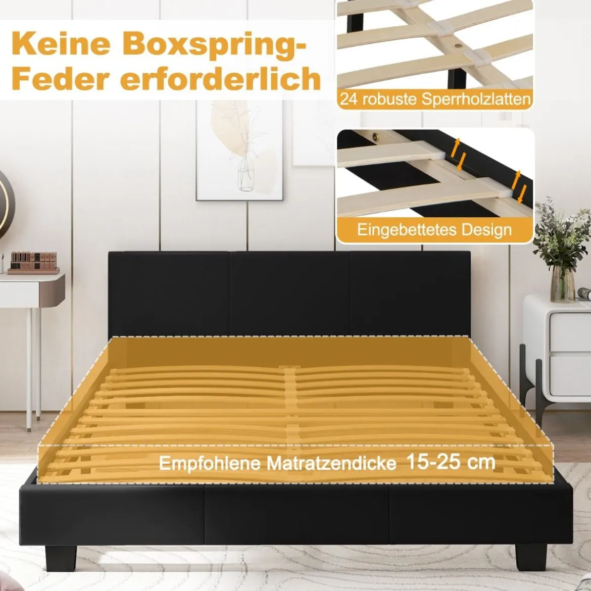 140 x 200 cm Bett mit LED Beleuchtung Polsterbett mit Lattenrost Bettgestell Bettrahmen Schwarz