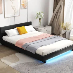 140 x 200 cm Bett mit LED Beleuchtung Polsterbett mit Lattenrost Bettgestell Bettrahmen Schwarz