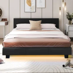 140 x 200 cm Bett mit LED Beleuchtung Polsterbett mit Lattenrost Bettgestell Bettrahmen Schwarz