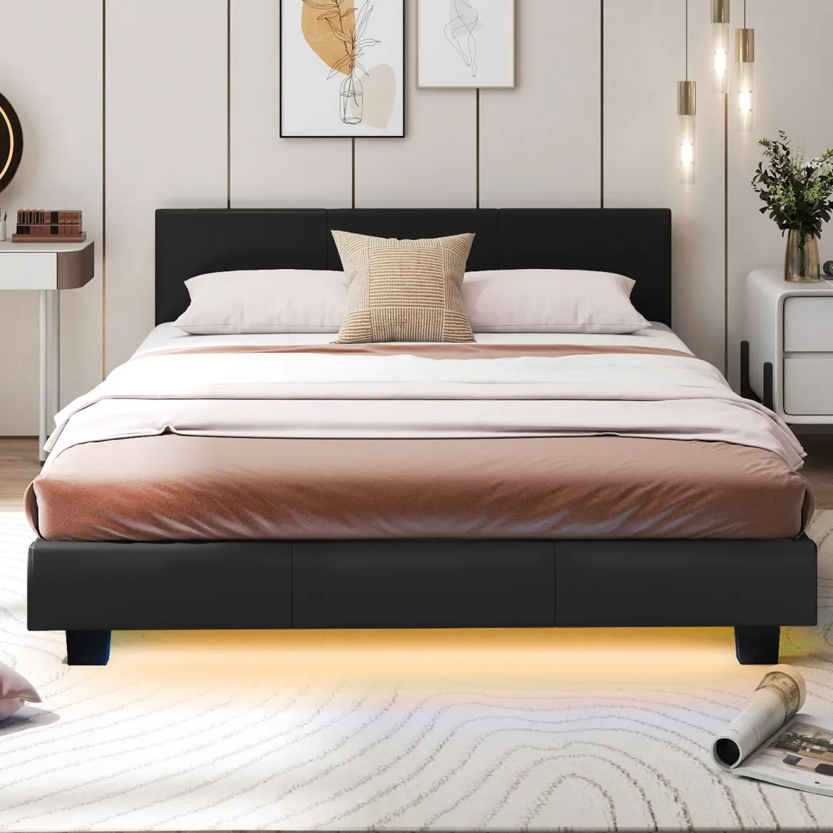 140 x 200 cm Bett mit LED Beleuchtung Polsterbett mit Lattenrost Bettgestell Bettrahmen Schwarz