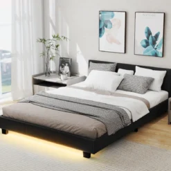 140 x 200 cm Bett mit LED Beleuchtung Polsterbett mit Lattenrost Bettgestell Bettrahmen Schwarz