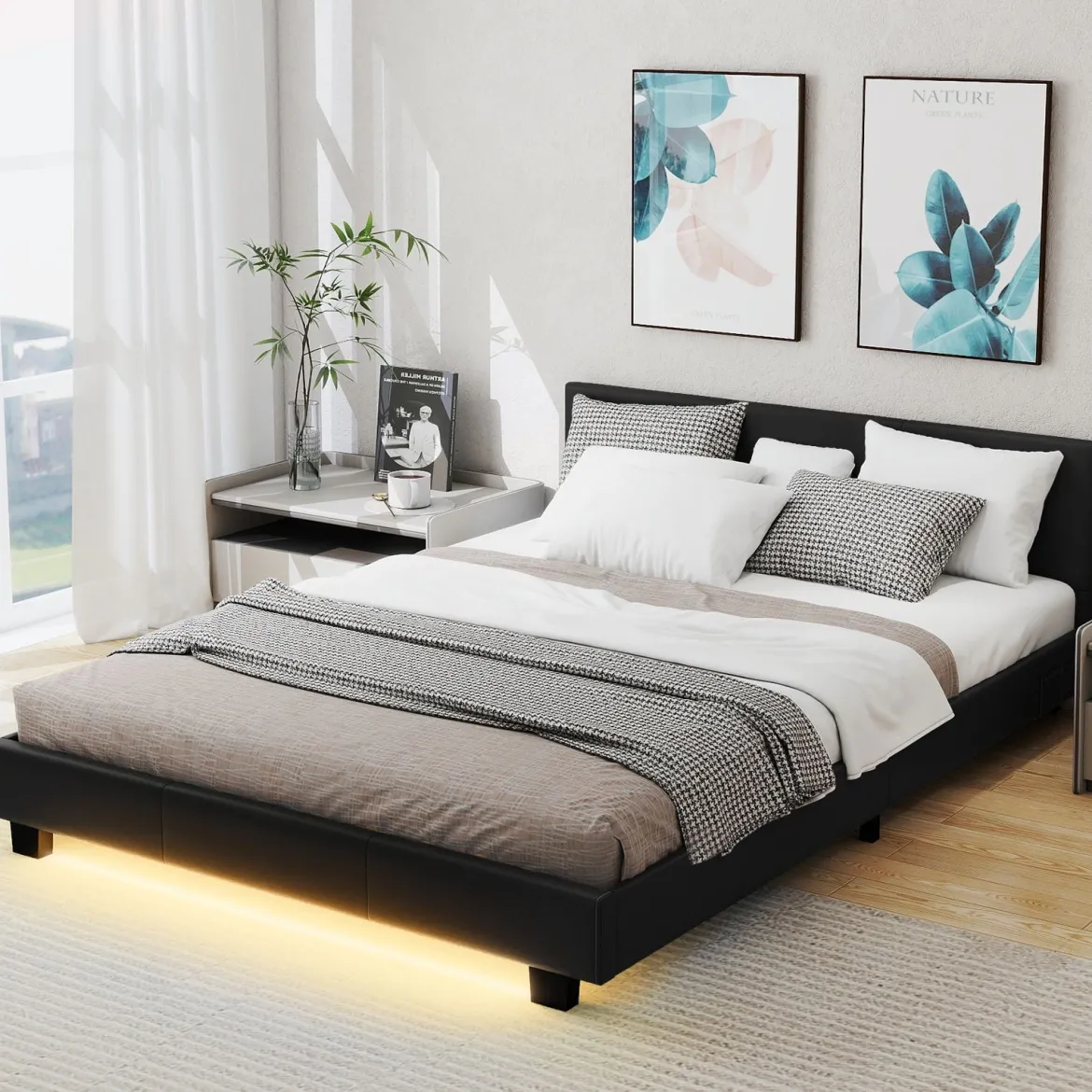 140 x 200 cm Bett mit LED Beleuchtung Polsterbett mit Lattenrost Bettgestell Bettrahmen Schwarz