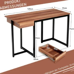 120 x 55 cm Computertisch mit Schublade & Verstellbaren Pads Computertisch Walnuss