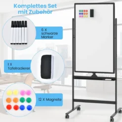 60 x 100 cm Doppelseitiges Magnetisches Whiteboard mit Rollen & Ständer & Stiftablage Schwarz