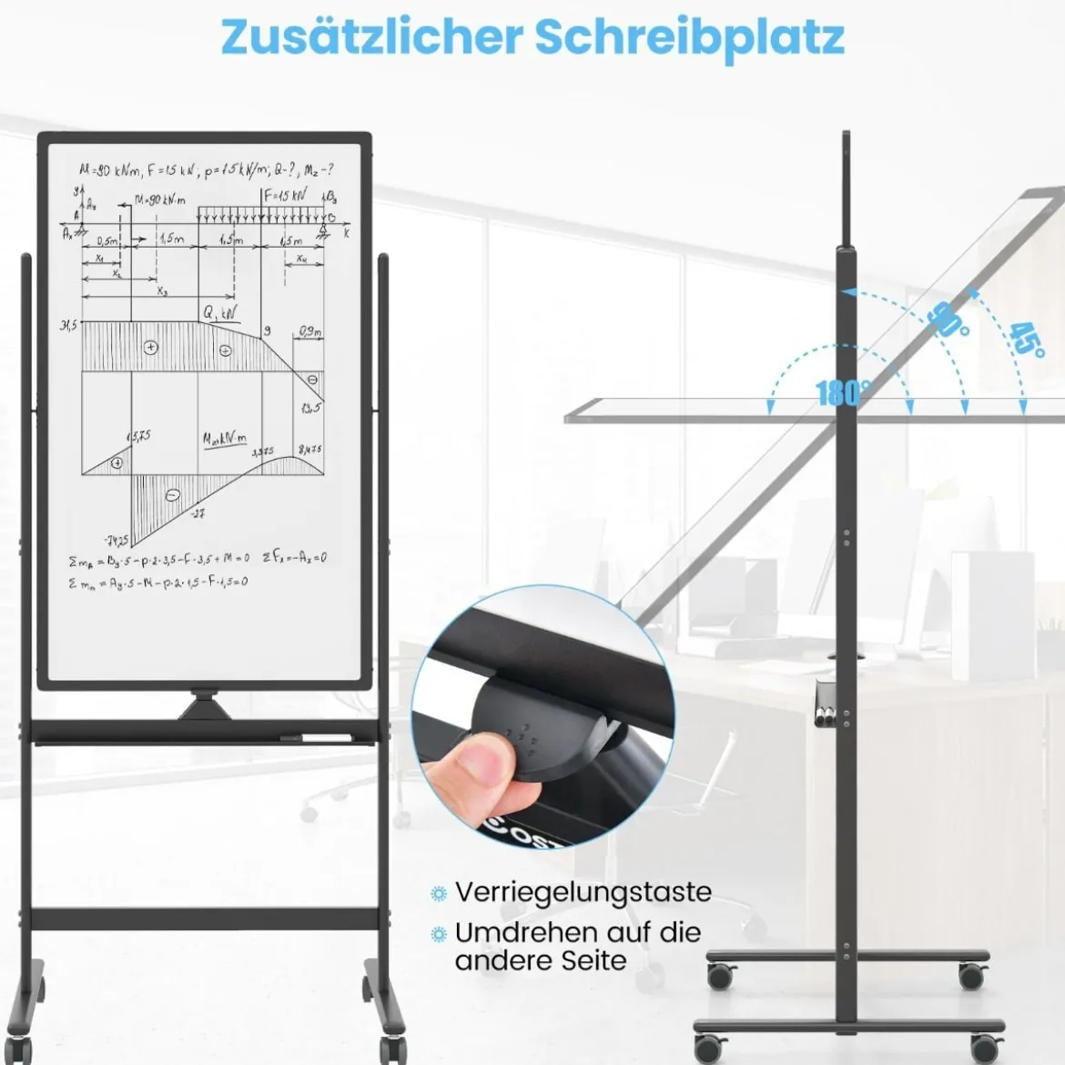 60 x 100 cm Doppelseitiges Magnetisches Whiteboard mit Rollen & Ständer & Stiftablage Schwarz