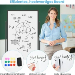 60 x 100 cm Doppelseitiges Magnetisches Whiteboard mit Rollen & Ständer & Stiftablage Schwarz