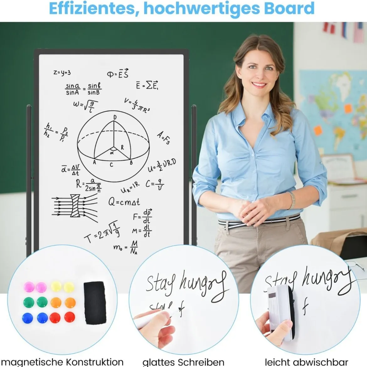 60 x 100 cm Doppelseitiges Magnetisches Whiteboard mit Rollen & Ständer & Stiftablage Schwarz