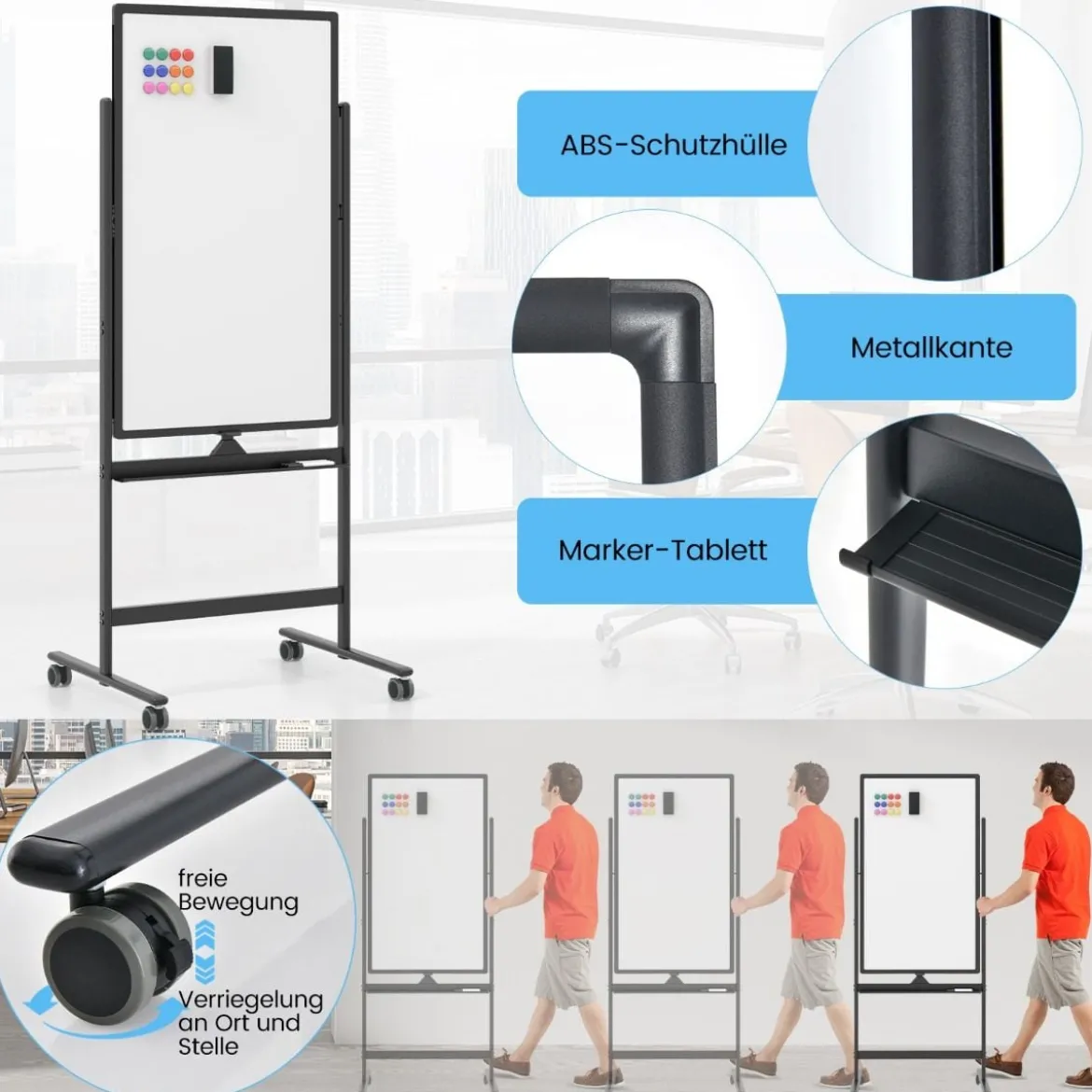 60 x 100 cm Doppelseitiges Magnetisches Whiteboard mit Rollen & Ständer & Stiftablage Schwarz