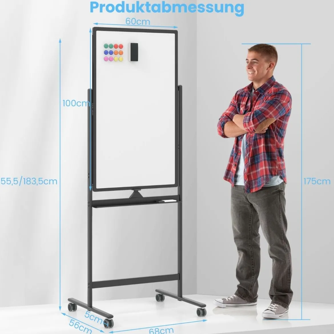 60 x 100 cm Doppelseitiges Magnetisches Whiteboard mit Rollen & Ständer & Stiftablage Schwarz