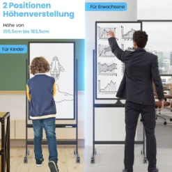 60 x 100 cm Doppelseitiges Magnetisches Whiteboard mit Rollen & Ständer & Stiftablage Schwarz