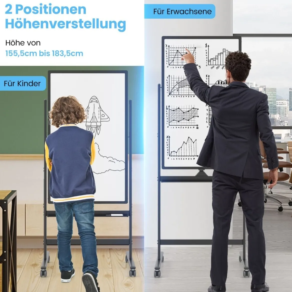 60 x 100 cm Doppelseitiges Magnetisches Whiteboard mit Rollen & Ständer & Stiftablage Schwarz