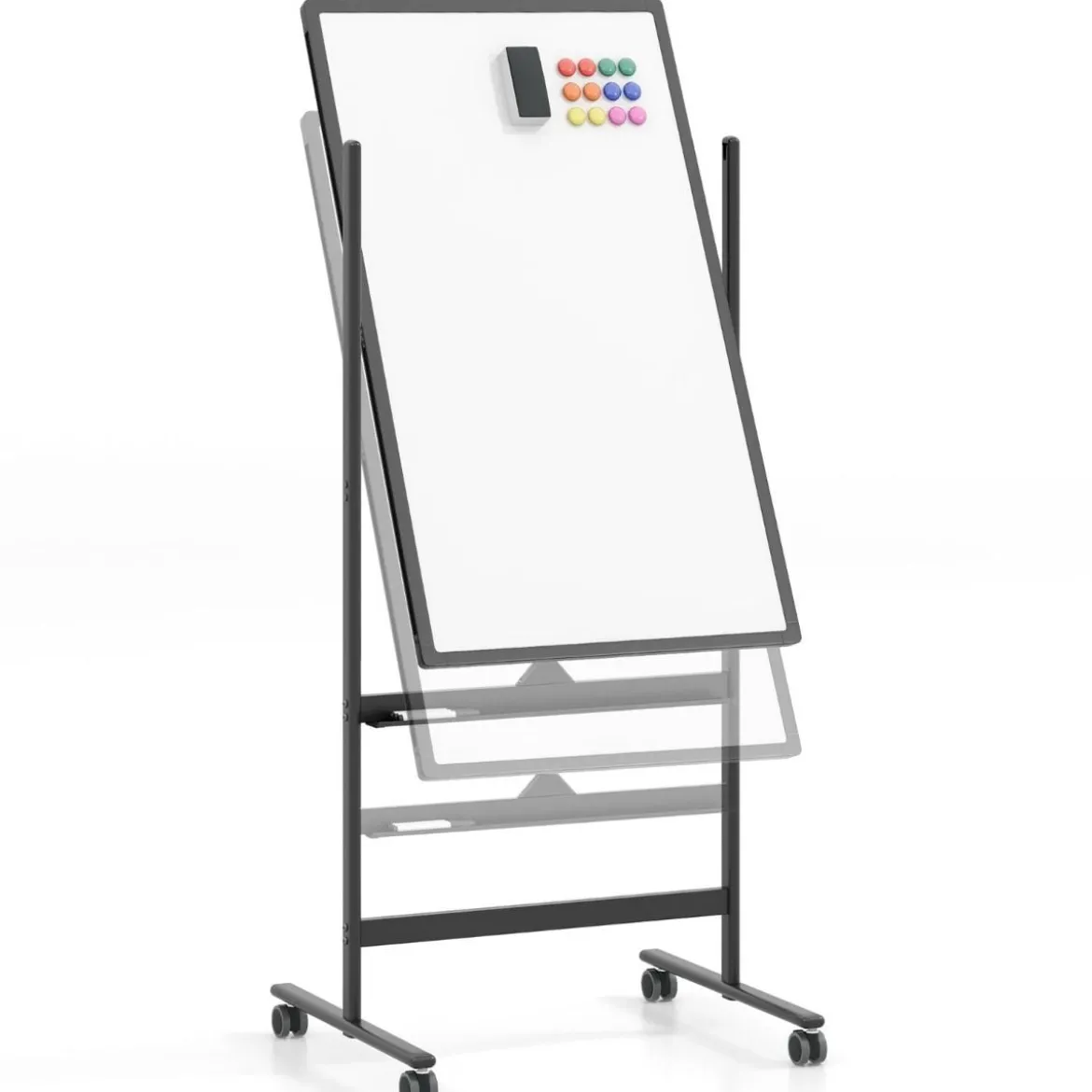 60 x 100 cm Doppelseitiges Magnetisches Whiteboard mit Rollen & Ständer & Stiftablage Schwarz