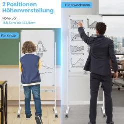 60 x 100 cm Doppelseitiges Magnetisches Whiteboard mit Rollen & Ständer & Stiftablage Weiß