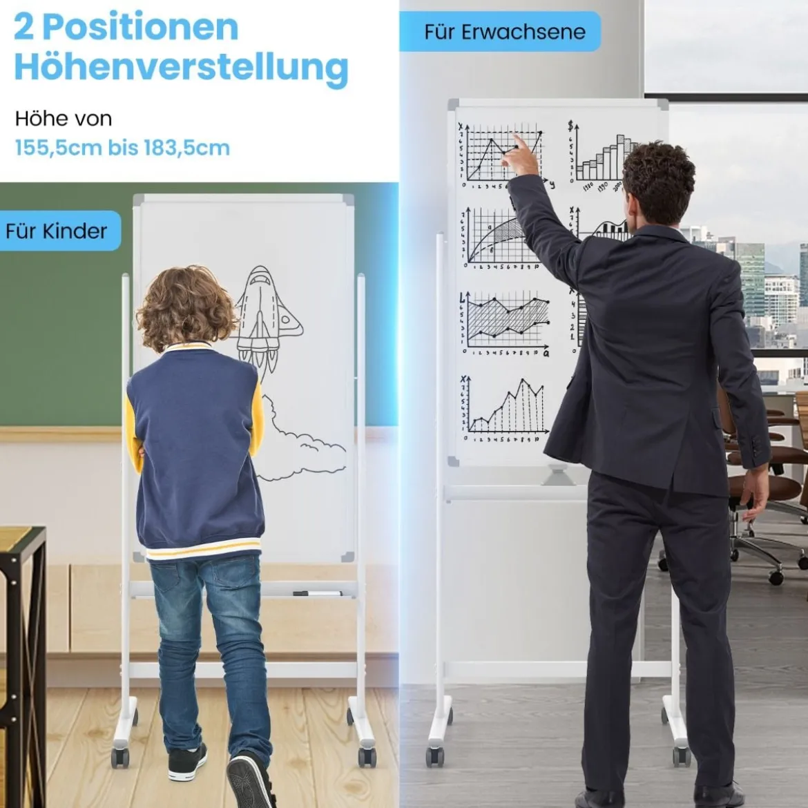 60 x 100 cm Doppelseitiges Magnetisches Whiteboard mit Rollen & Ständer & Stiftablage Weiß