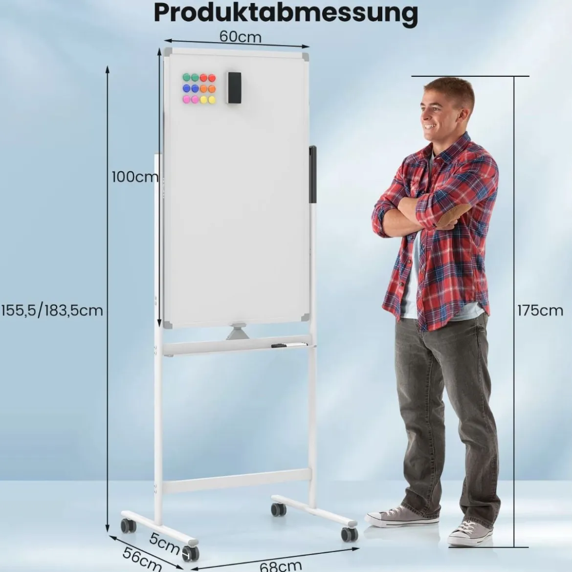 60 x 100 cm Doppelseitiges Magnetisches Whiteboard mit Rollen & Ständer & Stiftablage Weiß