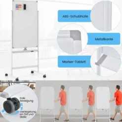 60 x 100 cm Doppelseitiges Magnetisches Whiteboard mit Rollen & Ständer & Stiftablage Weiß