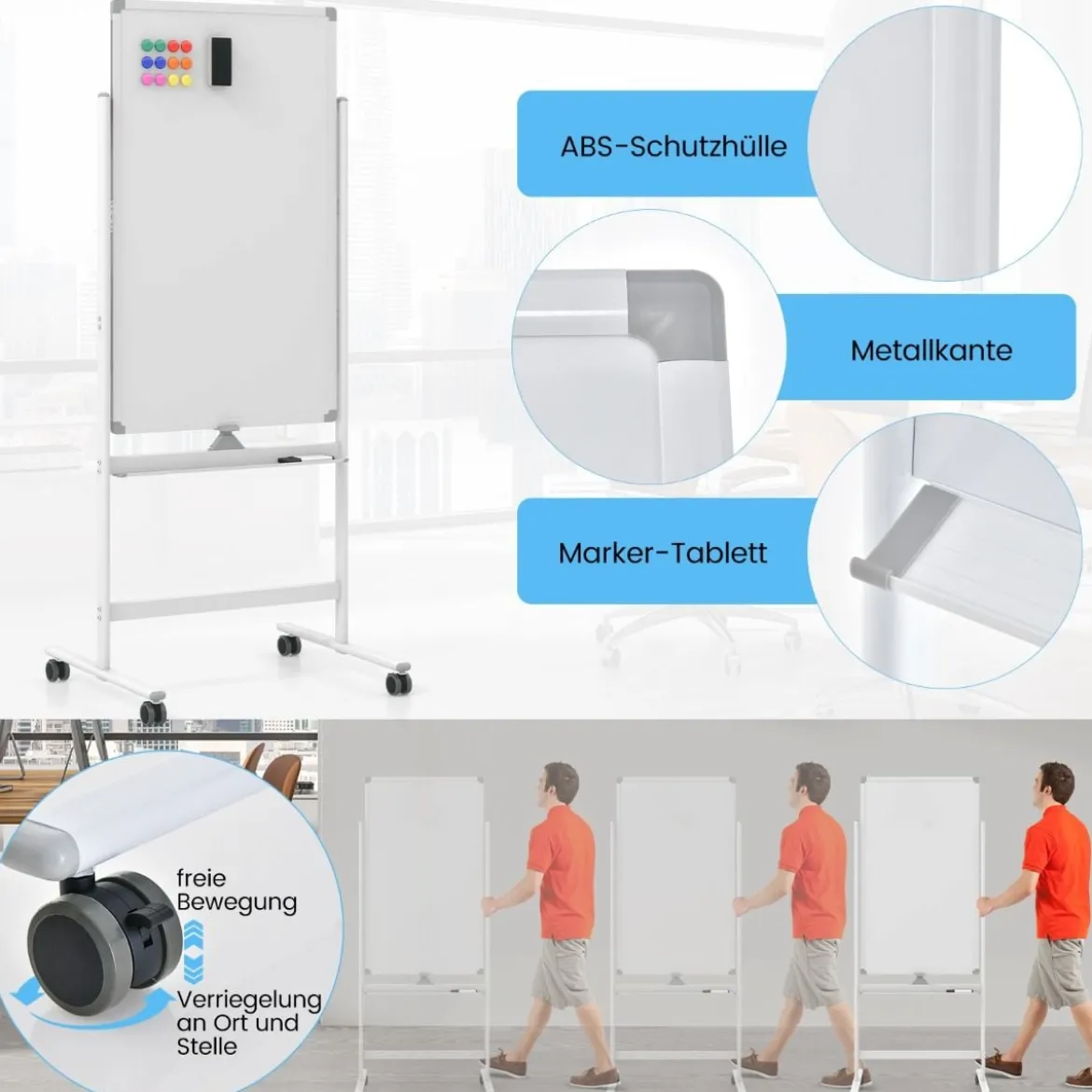 60 x 100 cm Doppelseitiges Magnetisches Whiteboard mit Rollen & Ständer & Stiftablage Weiß