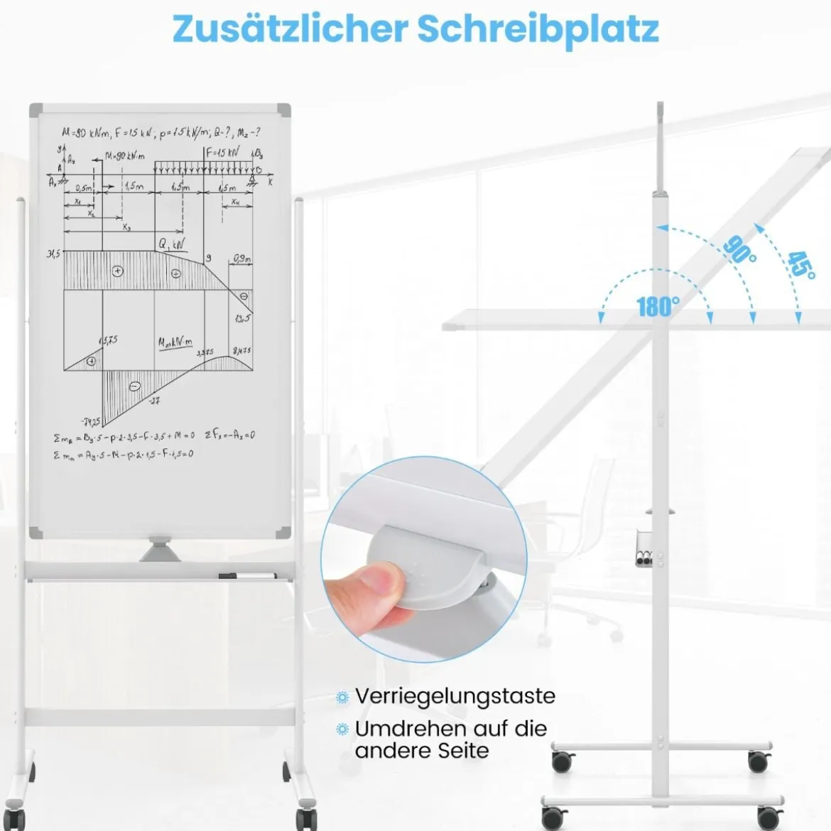 60 x 100 cm Doppelseitiges Magnetisches Whiteboard mit Rollen & Ständer & Stiftablage Weiß
