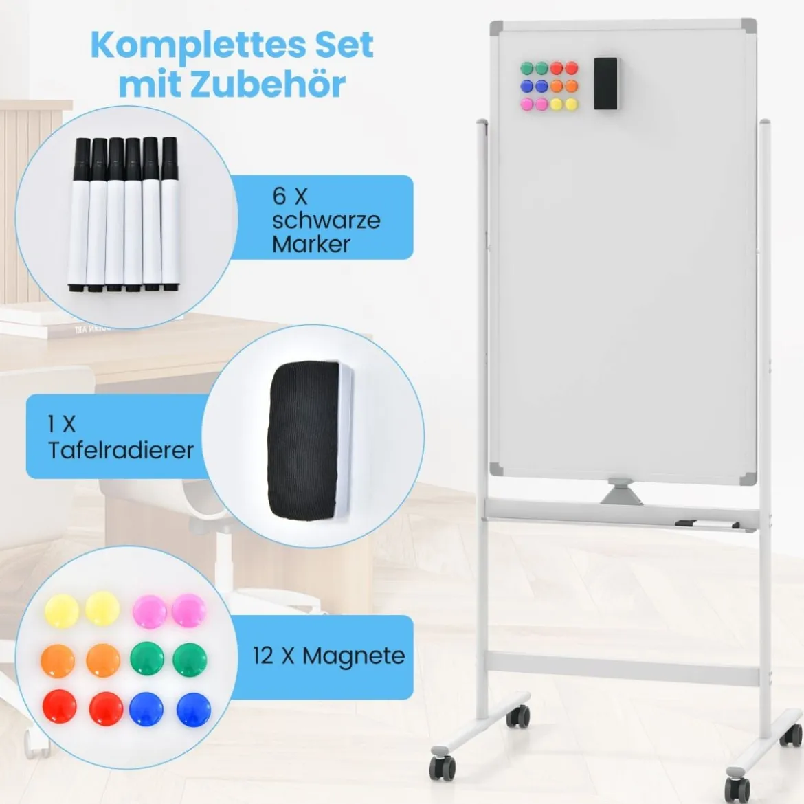 60 x 100 cm Doppelseitiges Magnetisches Whiteboard mit Rollen & Ständer & Stiftablage Weiß