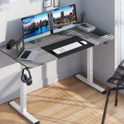 140 x 70 cm Elektrischer Höhenverstellbarer Schreibtisch mit Stopp-Mechanismus & Haken Dunkelgrau