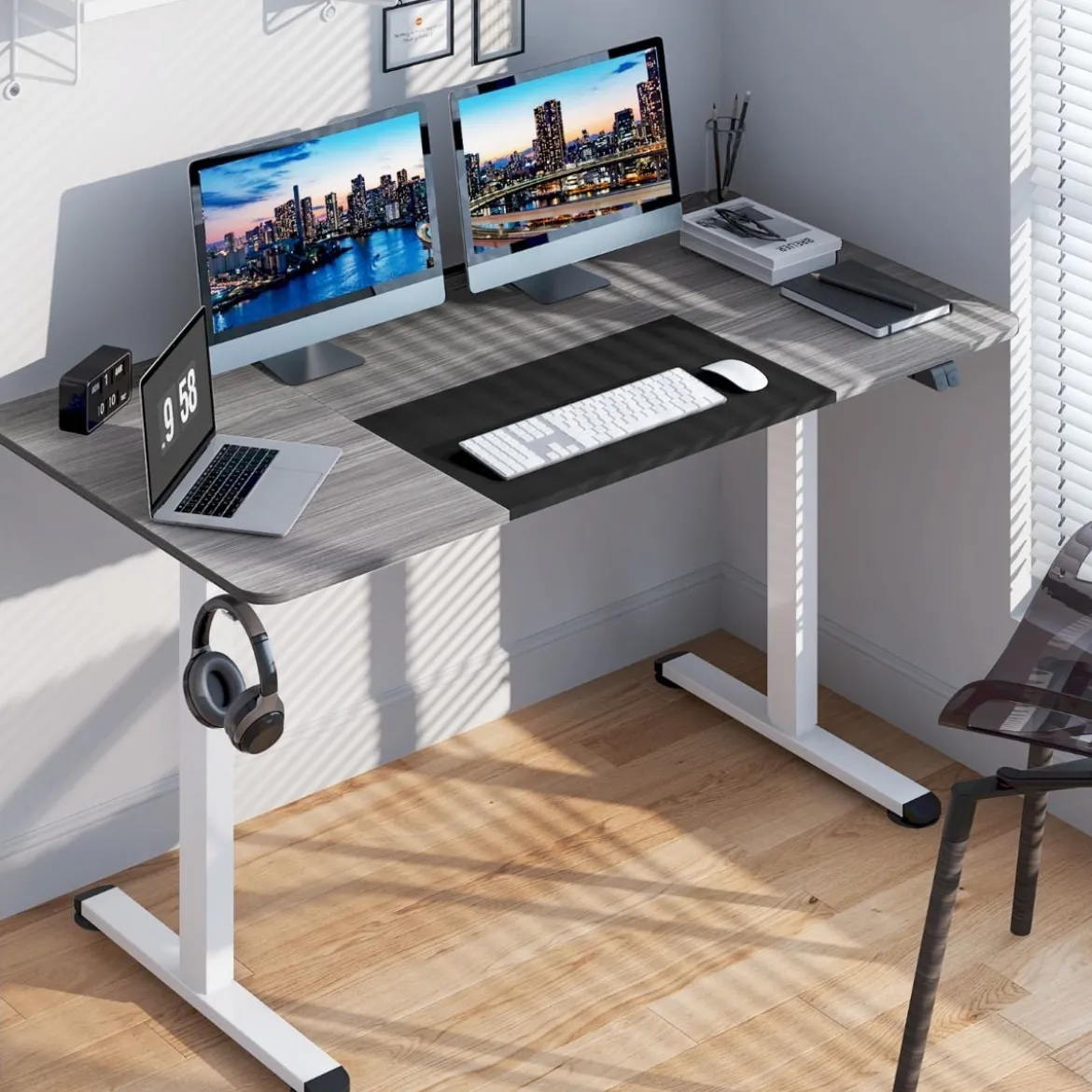 140 x 70 cm Elektrischer Höhenverstellbarer Schreibtisch mit Stopp-Mechanismus & Haken Dunkelgrau