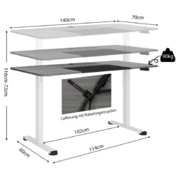 140 x 70 cm Elektrischer Höhenverstellbarer Schreibtisch mit Stopp-Mechanismus & Haken Dunkelgrau