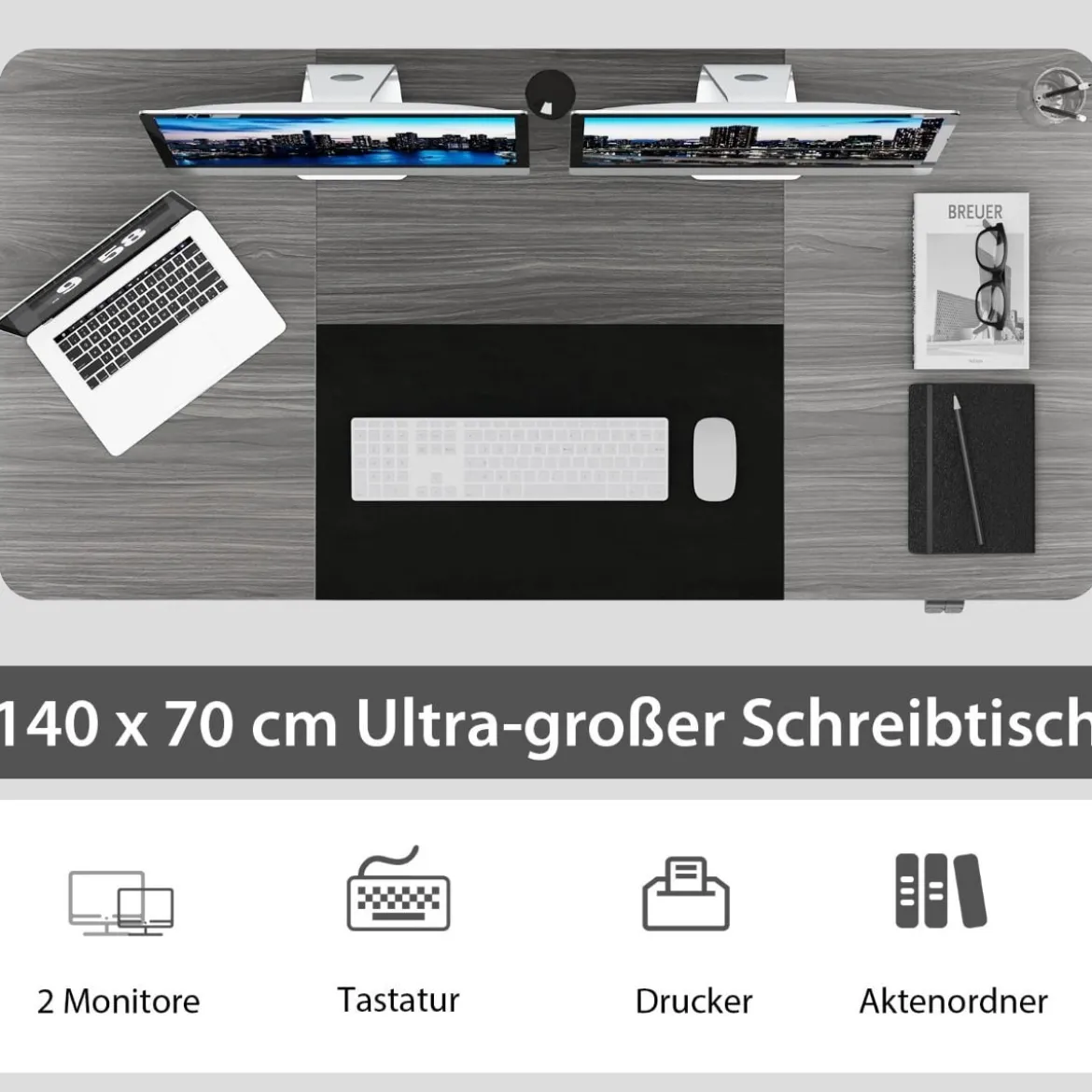 140 x 70 cm Elektrischer Höhenverstellbarer Schreibtisch mit Stopp-Mechanismus & Haken Dunkelgrau