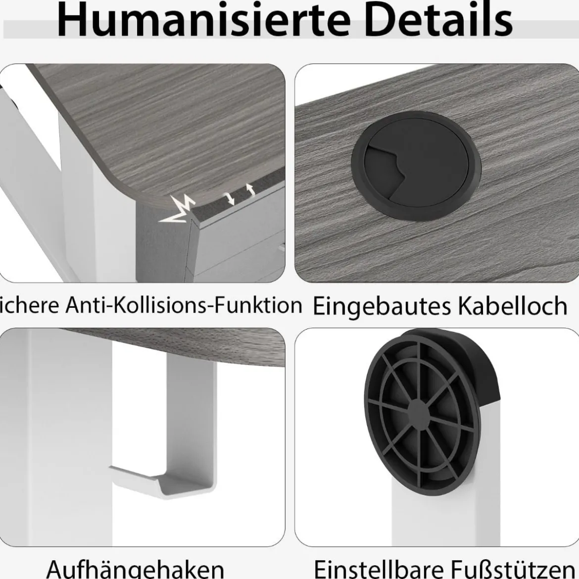 140 x 70 cm Elektrischer Höhenverstellbarer Schreibtisch mit Stopp-Mechanismus & Haken Dunkelgrau