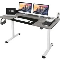 140 x 70 cm Elektrischer Höhenverstellbarer Schreibtisch mit Stopp-Mechanismus & Haken Dunkelgrau
