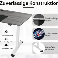 140 x 70 cm Elektrischer Höhenverstellbarer Schreibtisch mit Stopp-Mechanismus & Haken Dunkelgrau