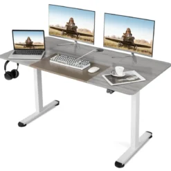140 x 70 cm Elektrischer Höhenverstellbarer Schreibtisch mit Stopp-Mechanismus & Haken Grau