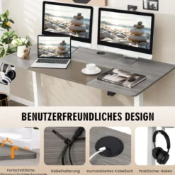 140 x 70 cm Elektrischer Höhenverstellbarer Schreibtisch mit Stopp-Mechanismus & Haken Grau