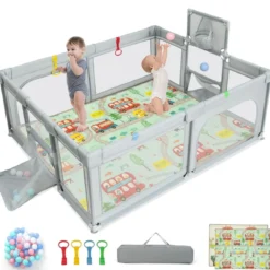 188 x 157 cm Faltbarer Baby Laufstall mit Matratze & Basketballkorb & Fußballnetzen & 50 Bällen Grau
