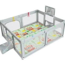 188 x 157 cm Faltbarer Baby Laufstall mit Matratze & Basketballkorb & Fußballnetzen & 50 Bällen Grau
