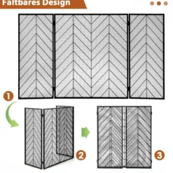 133 x 78 cm Funkenschutzgitter mit Stabilem Metallrahmen 3-teilige Faltbare Kamingitter Schwarz