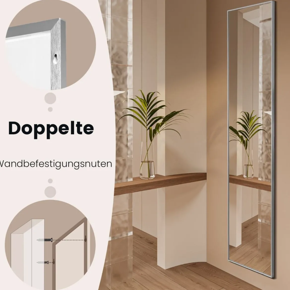 160 x 40 cm Ganzkörperspiegel 2 in 1 Standspiegel & Wandspiegel aus bruchsicherem Glas Silber
