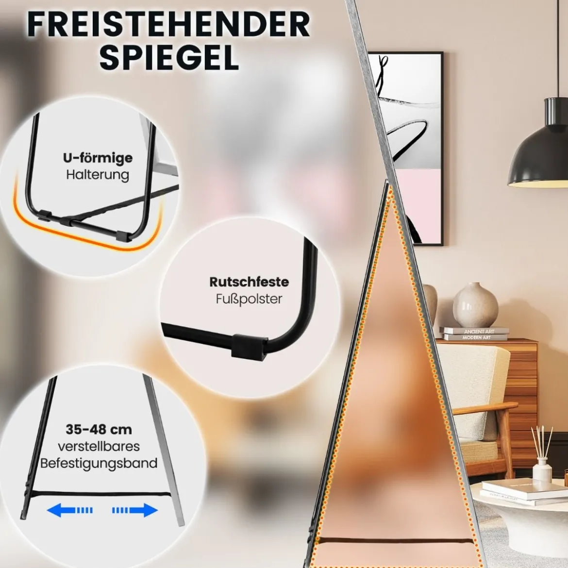 160 x 40 cm Ganzkörperspiegel 2 in 1 Standspiegel & Wandspiegel aus bruchsicherem Glas Silber