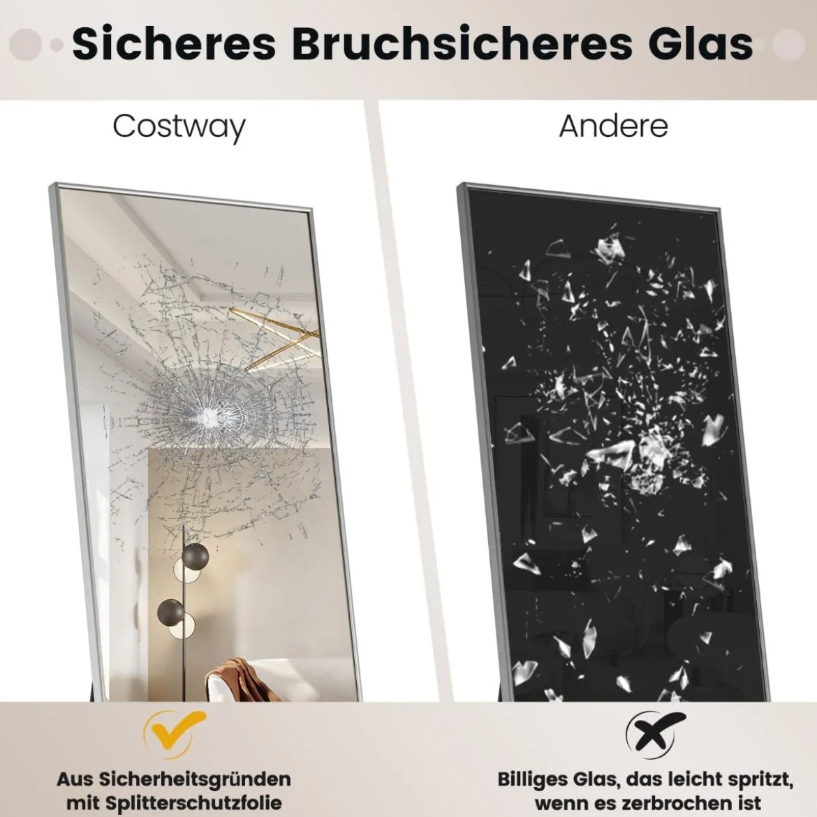 160 x 40 cm Ganzkörperspiegel 2 in 1 Standspiegel & Wandspiegel aus bruchsicherem Glas Silber