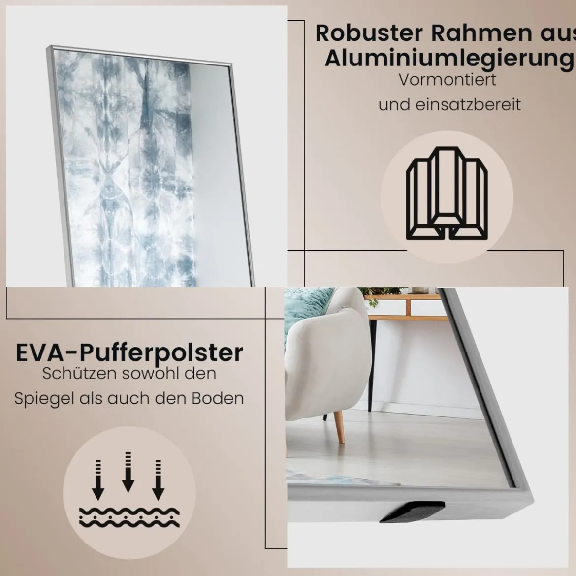 160 x 40 cm Ganzkörperspiegel 2 in 1 Standspiegel & Wandspiegel aus bruchsicherem Glas Silber