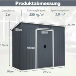 217 x 110 cm Gartenhaus zur Außenaufbewahrung Doppelte Tür für das Gartenwerkzeug Grau