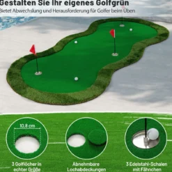 300 x 150 cm Golf Puttingmatten Professionelle Golf-Übungsmatte mit 3 Löchern und Golfbällen für Zuhause Grün