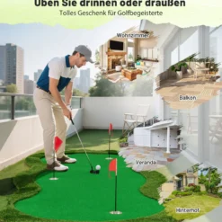300 x 150 cm Golf Puttingmatten Professionelle Golf-Übungsmatte mit 3 Löchern und Golfbällen für Zuhause Grün