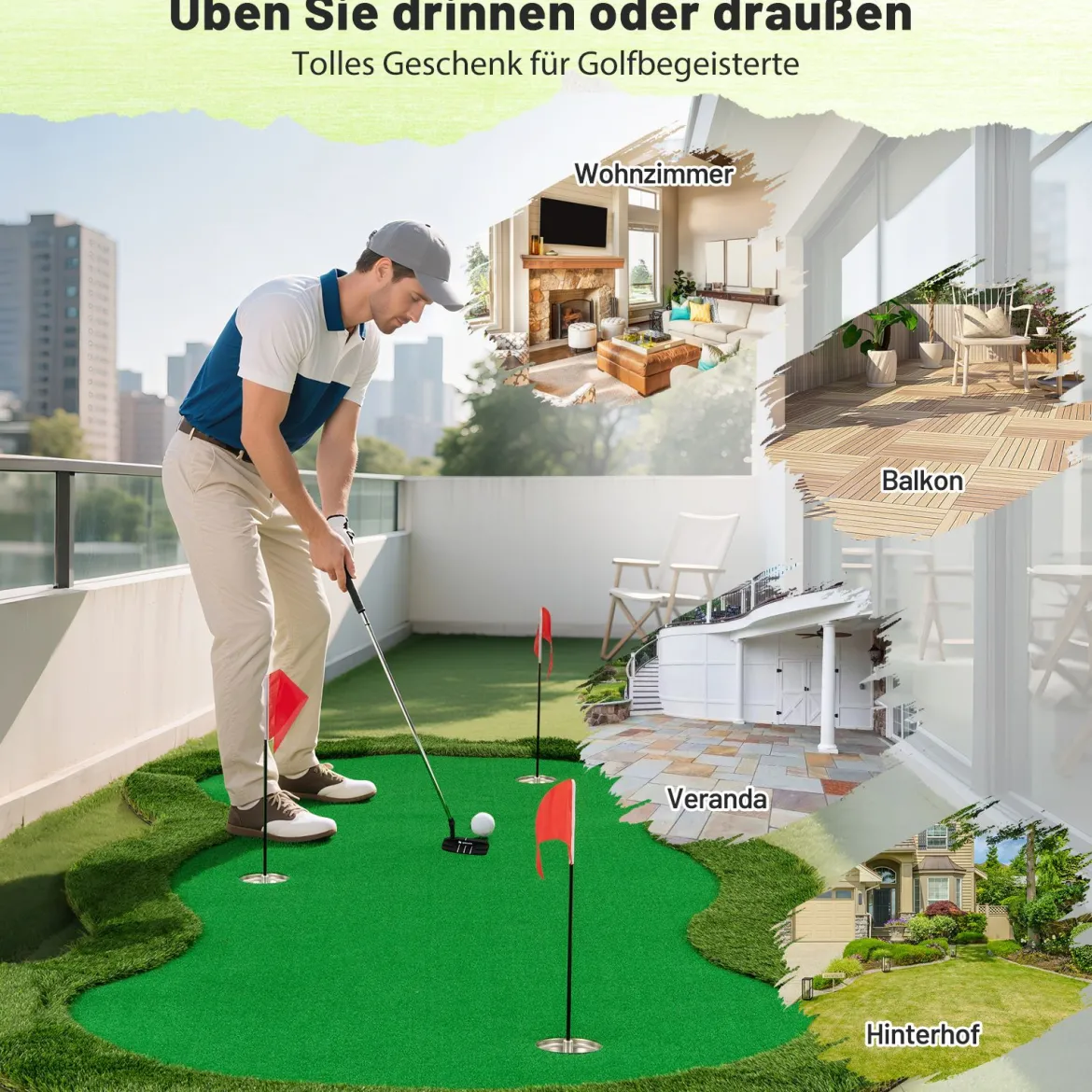 300 x 150 cm Golf Puttingmatten Professionelle Golf-Übungsmatte mit 3 Löchern und Golfbällen für Zuhause Grün