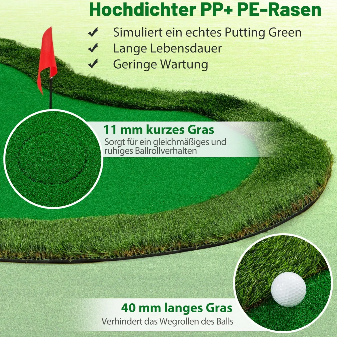 300 x 150 cm Golf Puttingmatten Professionelle Golf-Übungsmatte mit 3 Löchern und Golfbällen für Zuhause Grün