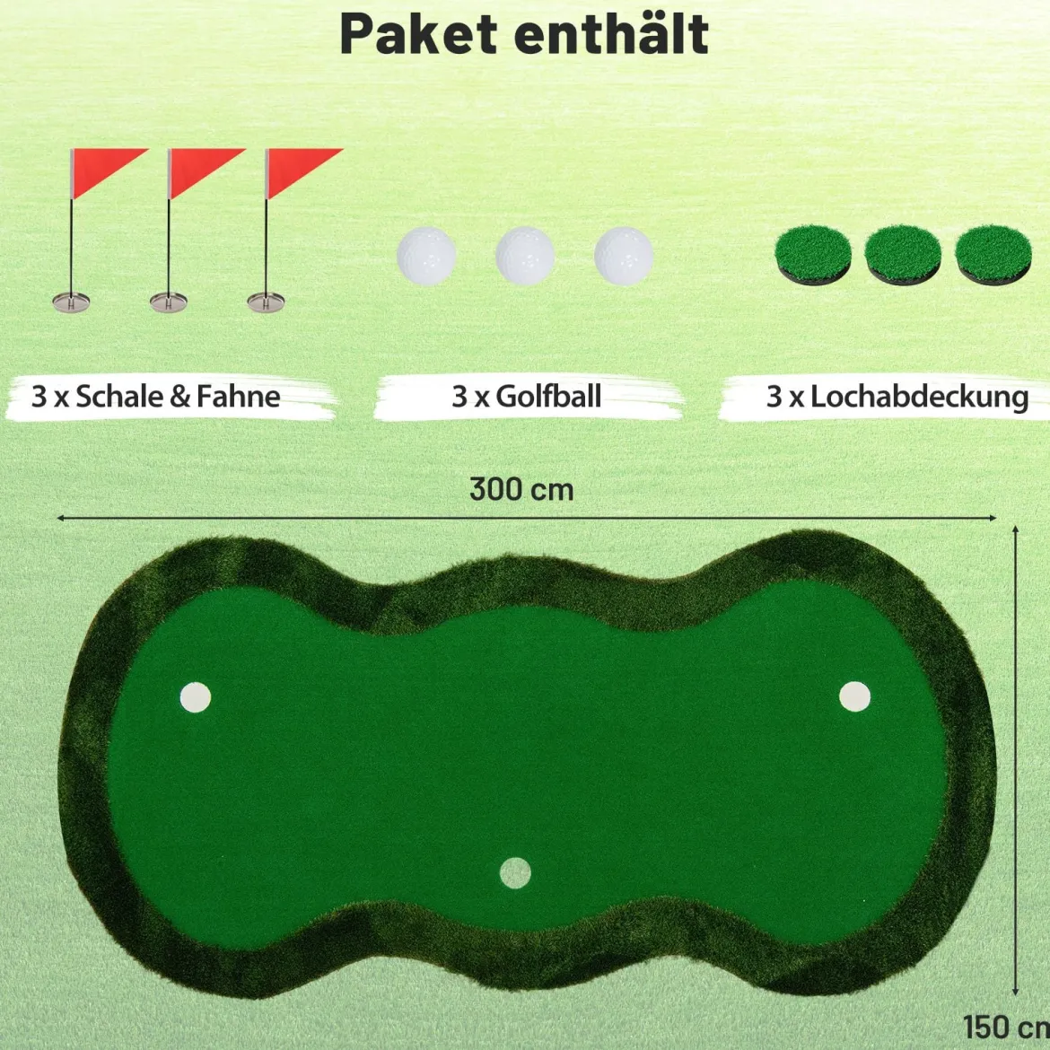 300 x 150 cm Golf Puttingmatten Professionelle Golf-Übungsmatte mit 3 Löchern und Golfbällen für Zuhause Grün