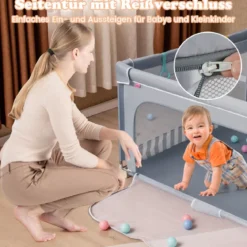 127 x 127 cm großer Baby-Laufstall BPA-freier faltbarer Kleinkinder-Spielzaun mit Reißverschlusstor Grau