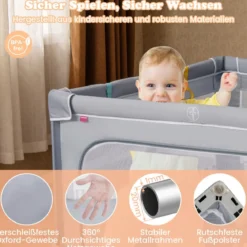 127 x 127 cm großer Baby-Laufstall BPA-freier faltbarer Kleinkinder-Spielzaun mit Reißverschlusstor Grau