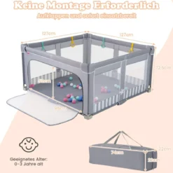 127 x 127 cm großer Baby-Laufstall BPA-freier faltbarer Kleinkinder-Spielzaun mit Reißverschlusstor Grau